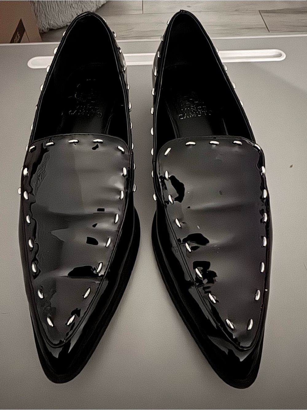 Vince Camuto Black Patent Slip-On Loafers with White Stitching
